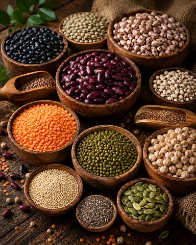 Assorted Legumes and Grains in Wooden Bowls