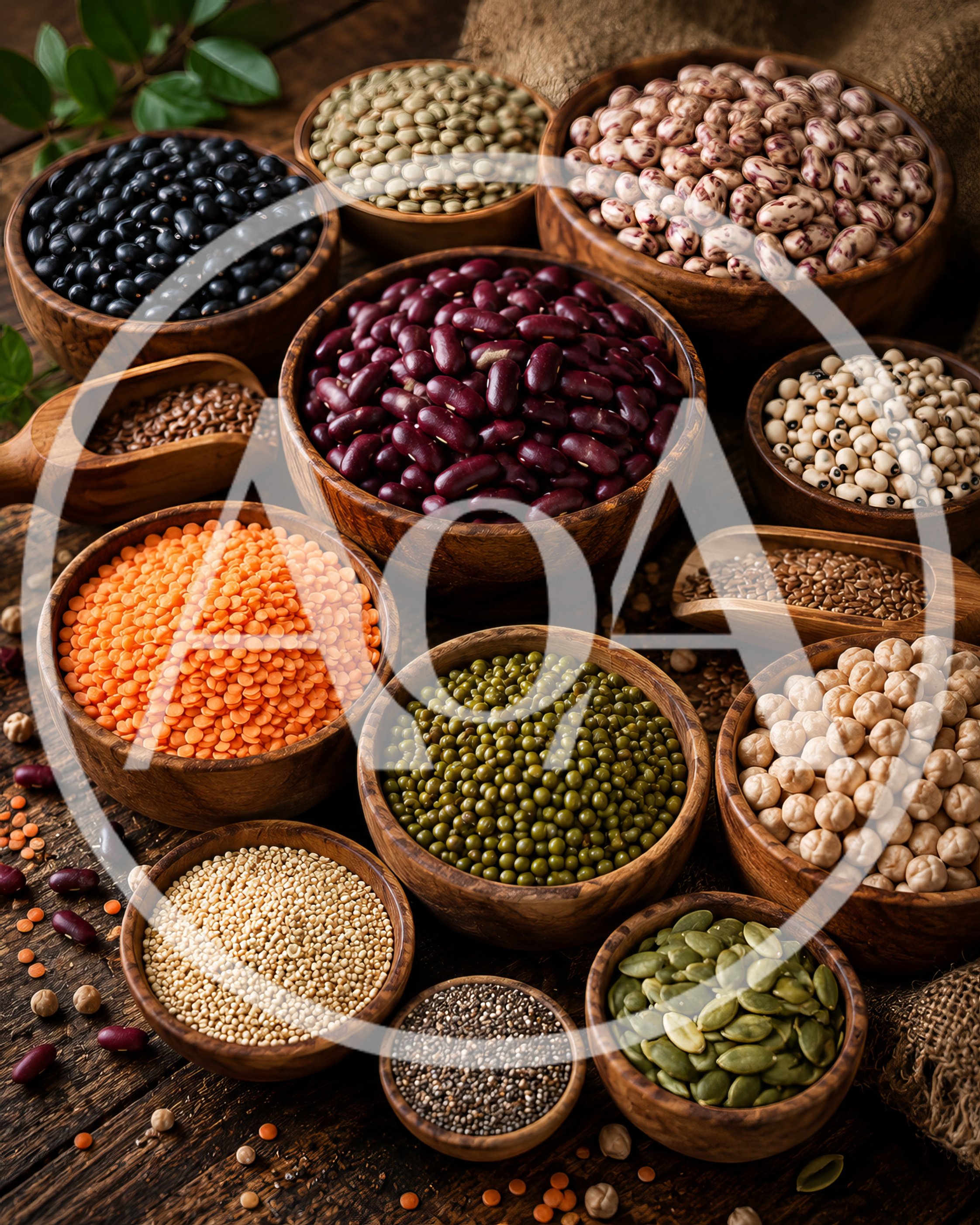 Assorted Legumes and Grains in Wooden Bowls