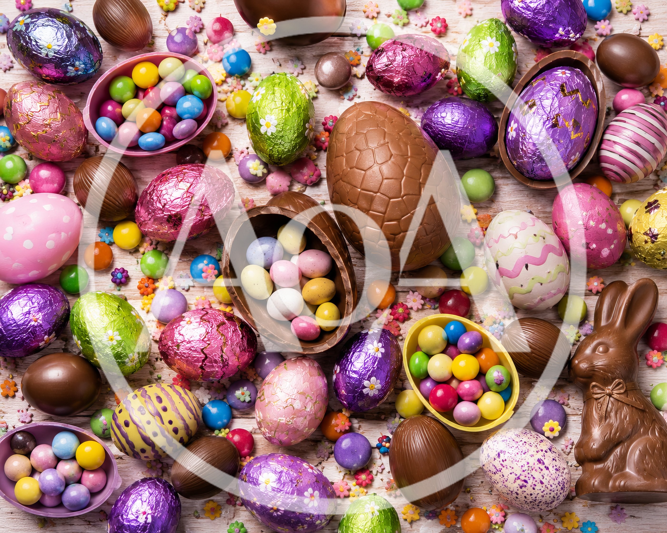 Assorted Chocolate Easter Eggs and Candy on Wooden Background
