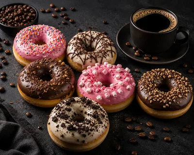 Assorted Gourmet Donuts With Coffee And Roasted Beans