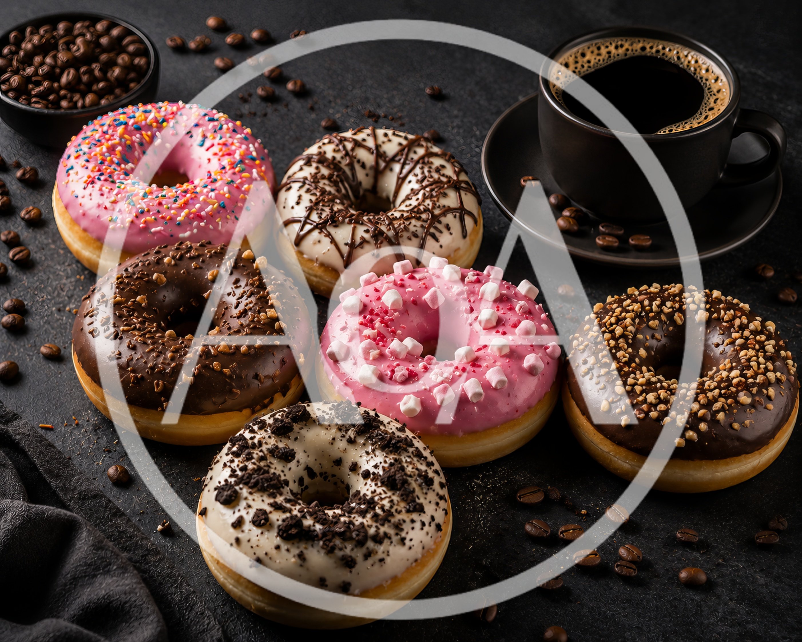 Assorted Gourmet Donuts With Coffee And Roasted Beans