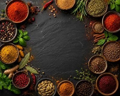 Assorted Spices and Herbs Arranged on Dark Stone