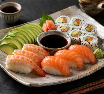 Fresh Sushi Platter With Salmon Nigiri And Avocado