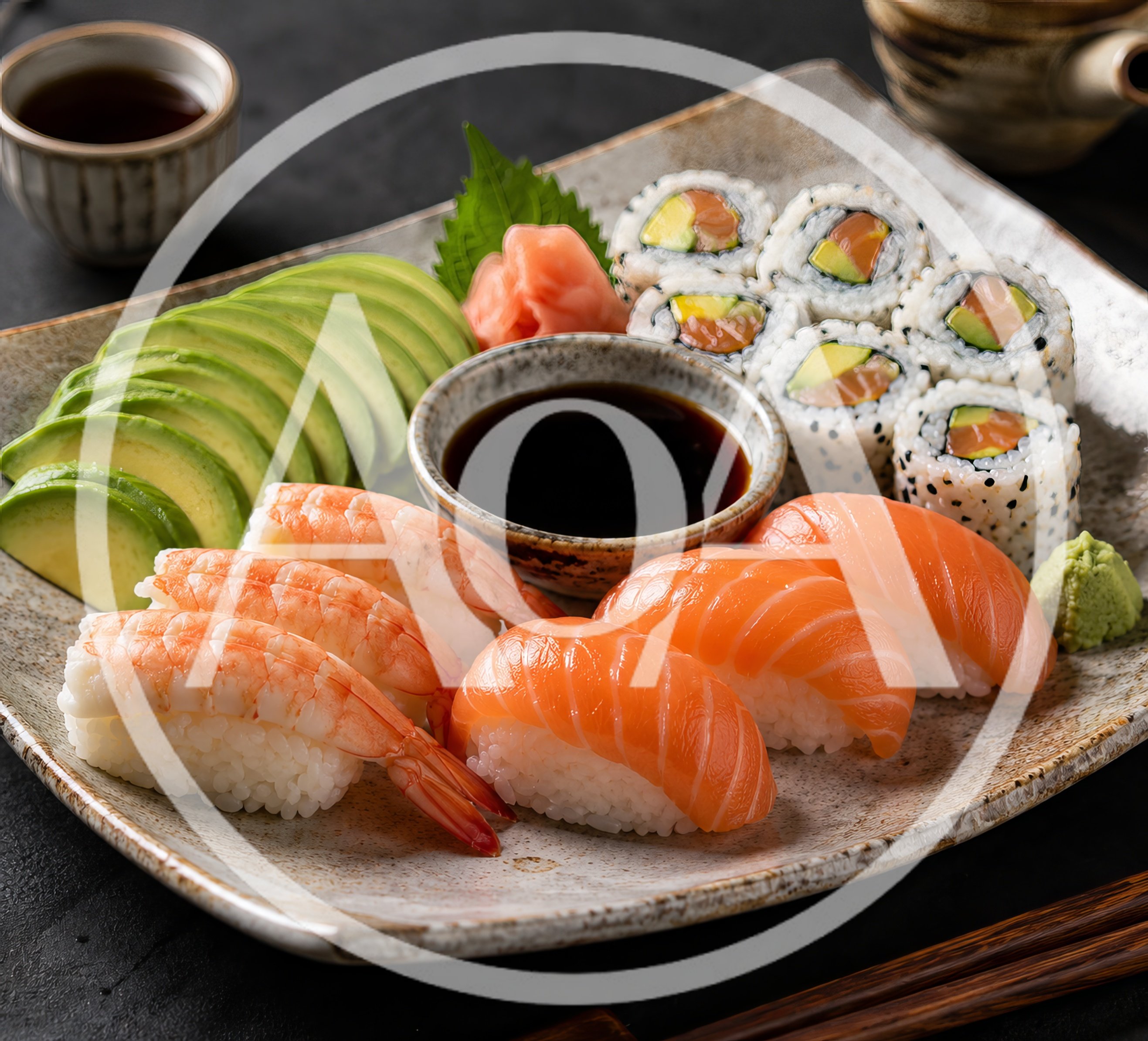 Fresh Sushi Platter With Salmon Nigiri And Avocado