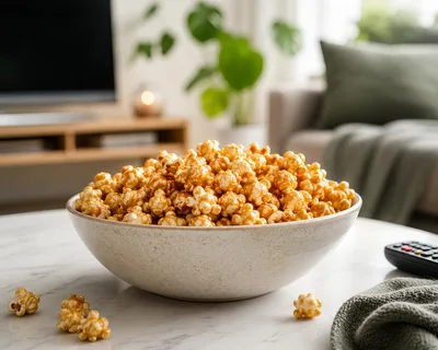 Bowl Of Caramel Popcorn On A Living Room Table