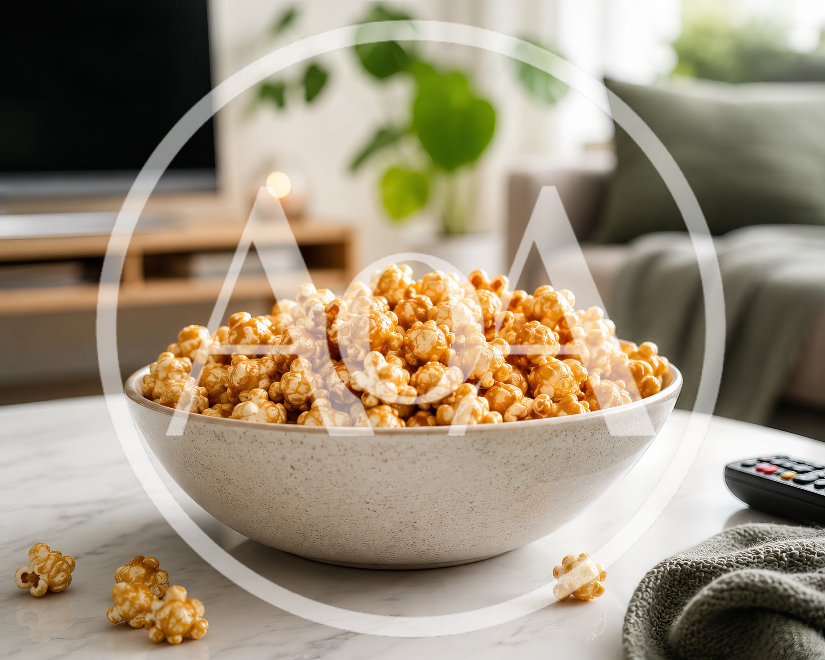 Bowl Of Caramel Popcorn On A Living Room Table
