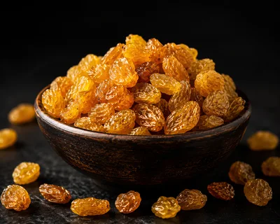 Bowl Of Golden Raisins On Dark Surface