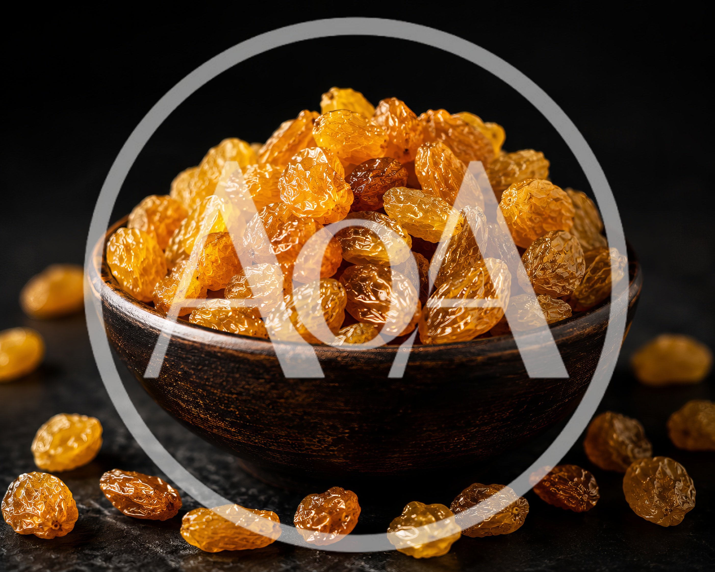 Bowl Of Golden Raisins On Dark Surface