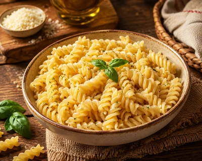 Bowl Of Freshly Cooked Fusilli Pasta With Basil