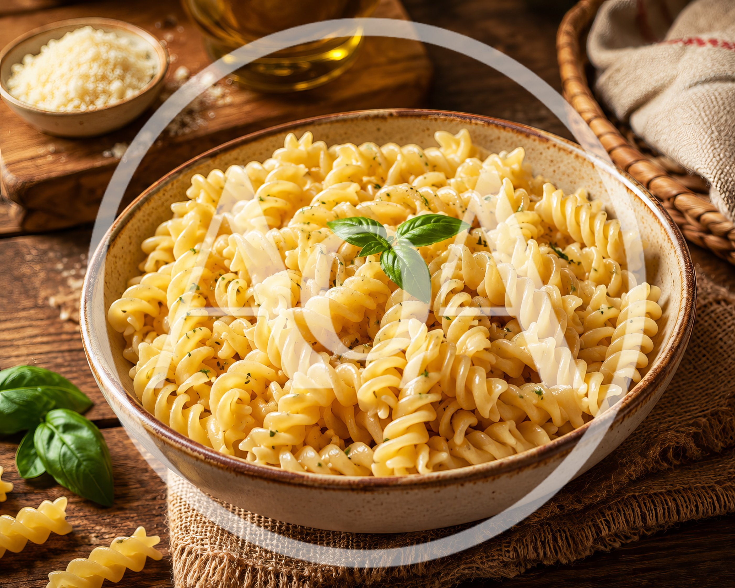 Bowl Of Freshly Cooked Fusilli Pasta With Basil