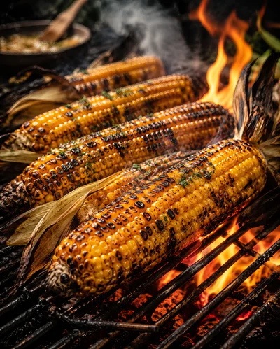 Grilled Corn Cobs Roasting Over Open Fire