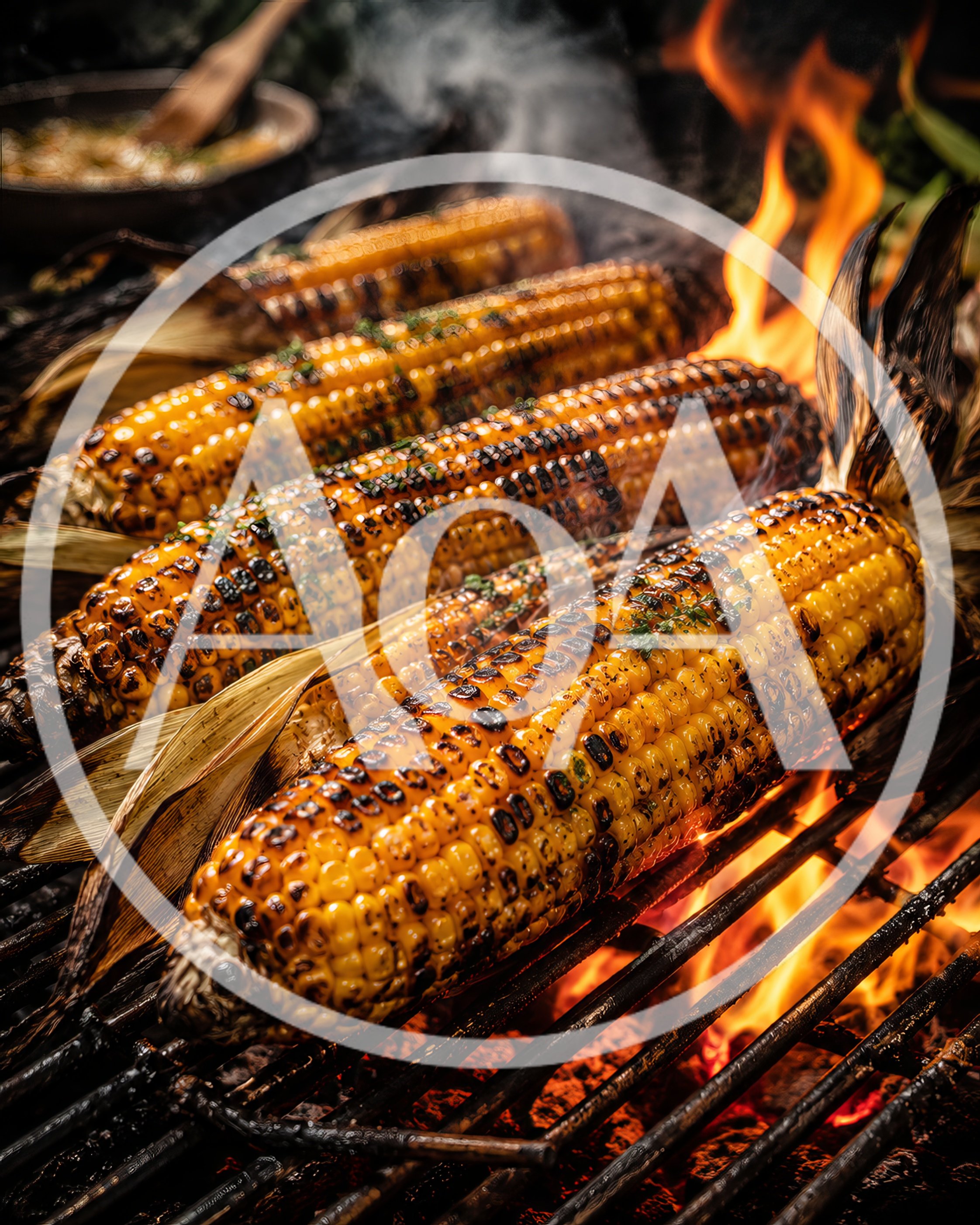 Grilled Corn Cobs Roasting Over Open Fire