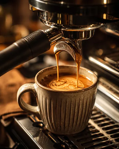 Espresso Pouring Into A Textured Ceramic Mug