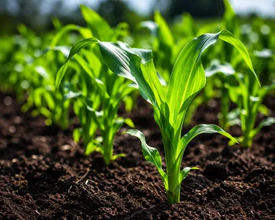 Young Green Corn Seedlings Growing In Fertile Soil