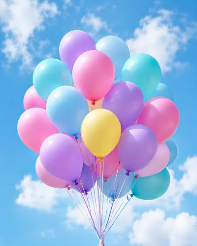 Bunch Of Colorful Pastel Balloons Floating Against Blue Sky