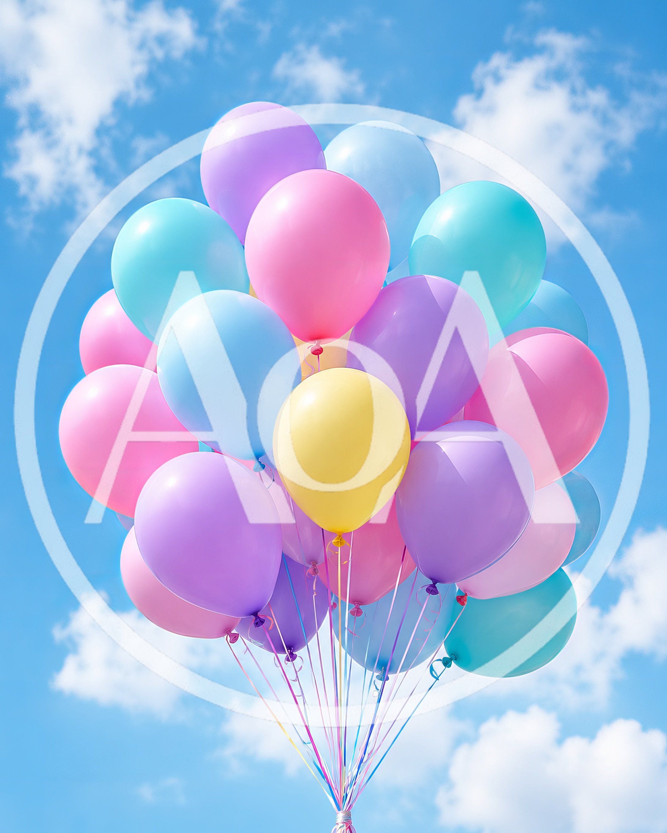 Bunch Of Colorful Pastel Balloons Floating Against Blue Sky