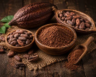Cocoa Beans and Powder in Wooden Bowls