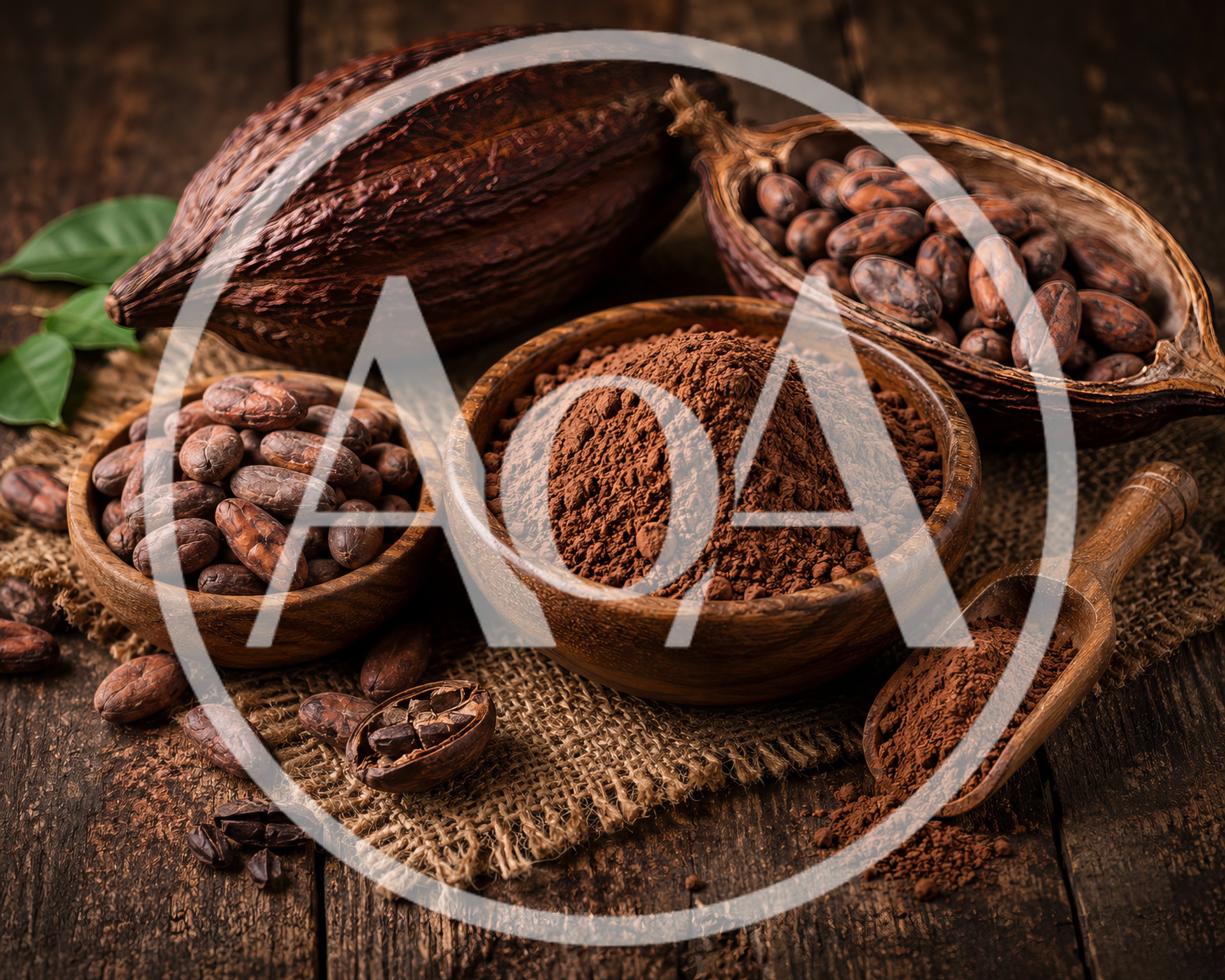 Cocoa Beans and Powder in Wooden Bowls