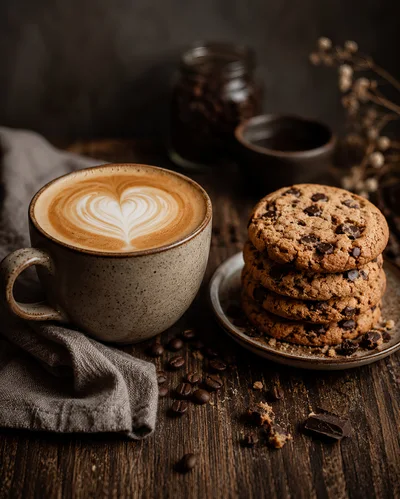 Latte Art Coffee Cup With Stacked Chocolate Chip Cookies