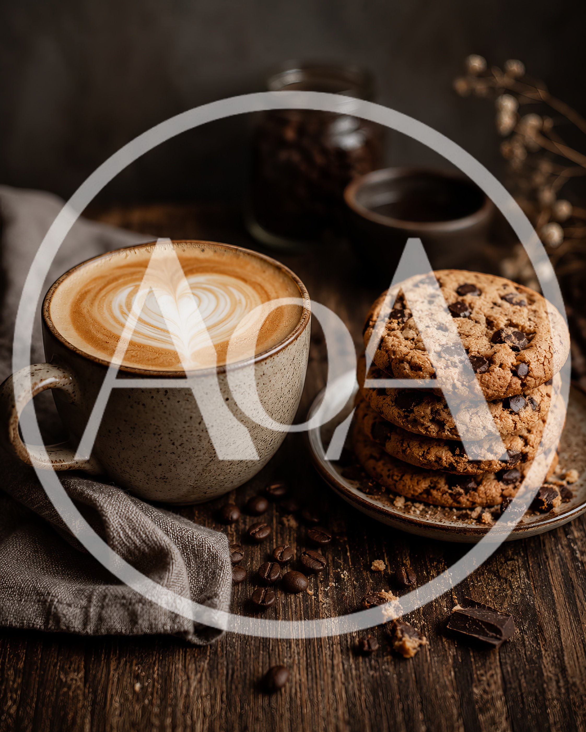 Latte Art Coffee Cup With Stacked Chocolate Chip Cookies