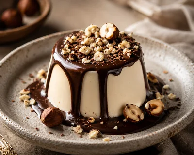 Panna Cotta Dessert Topped With Chocolate Sauce And Hazelnuts