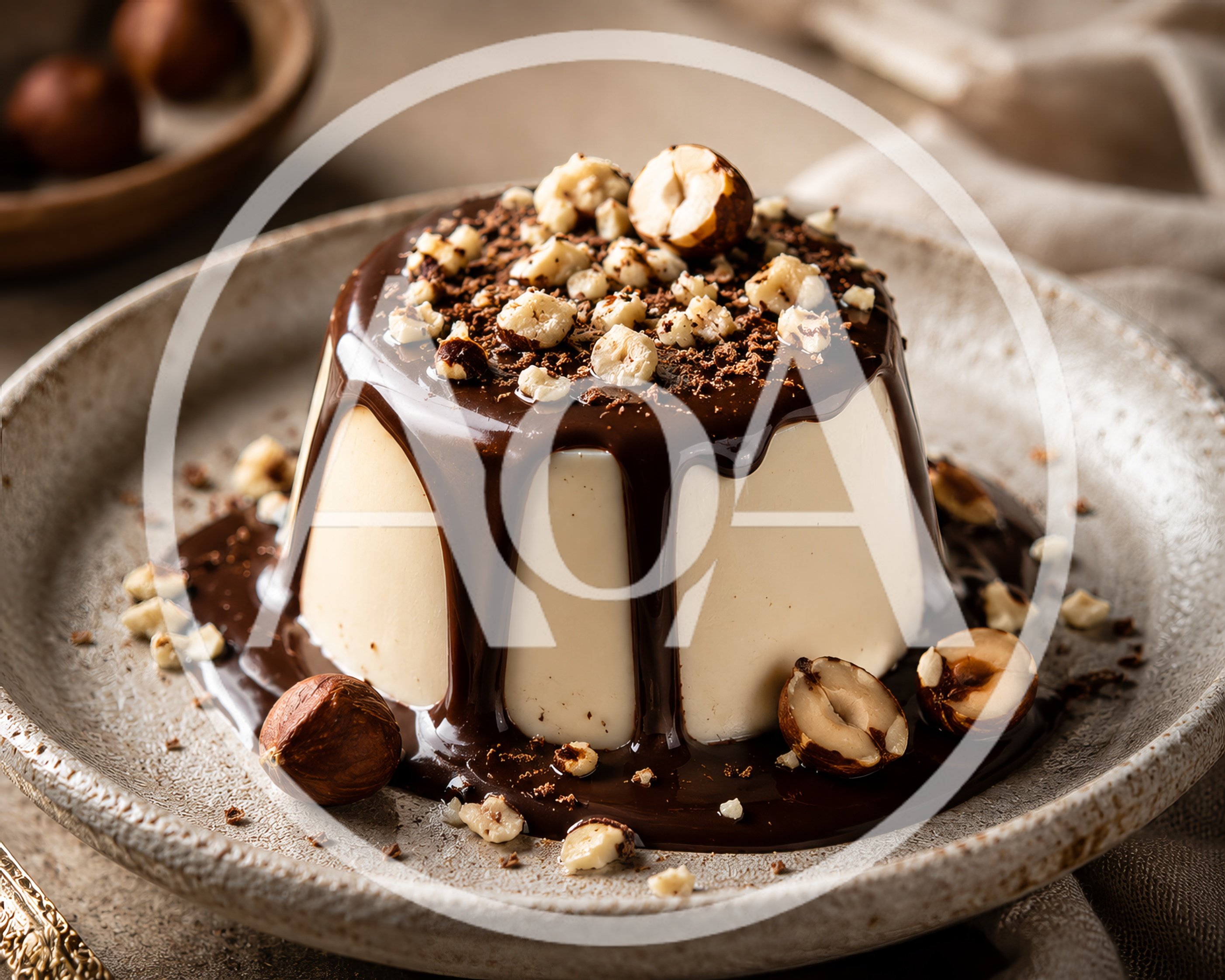 Panna Cotta Dessert Topped With Chocolate Sauce And Hazelnuts