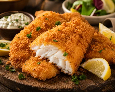 Crispy Breaded Fried Fish Fillets on Wooden Board