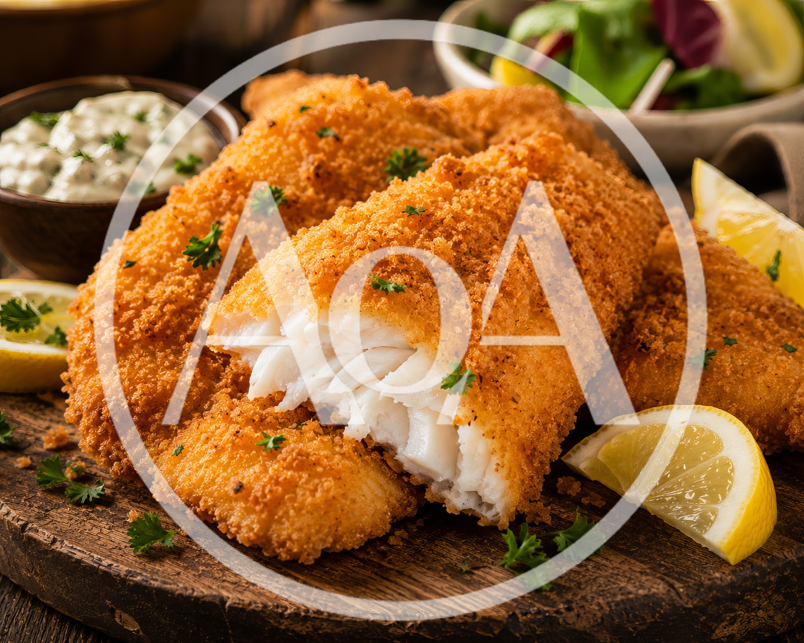 Crispy Breaded Fried Fish Fillets on Wooden Board