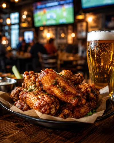 Buffalo Chicken Wings and Beer in a Sports Bar
