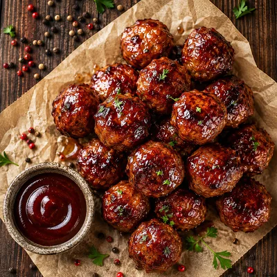 Glazed Meatballs with Barbecue Sauce on Parchment Paper