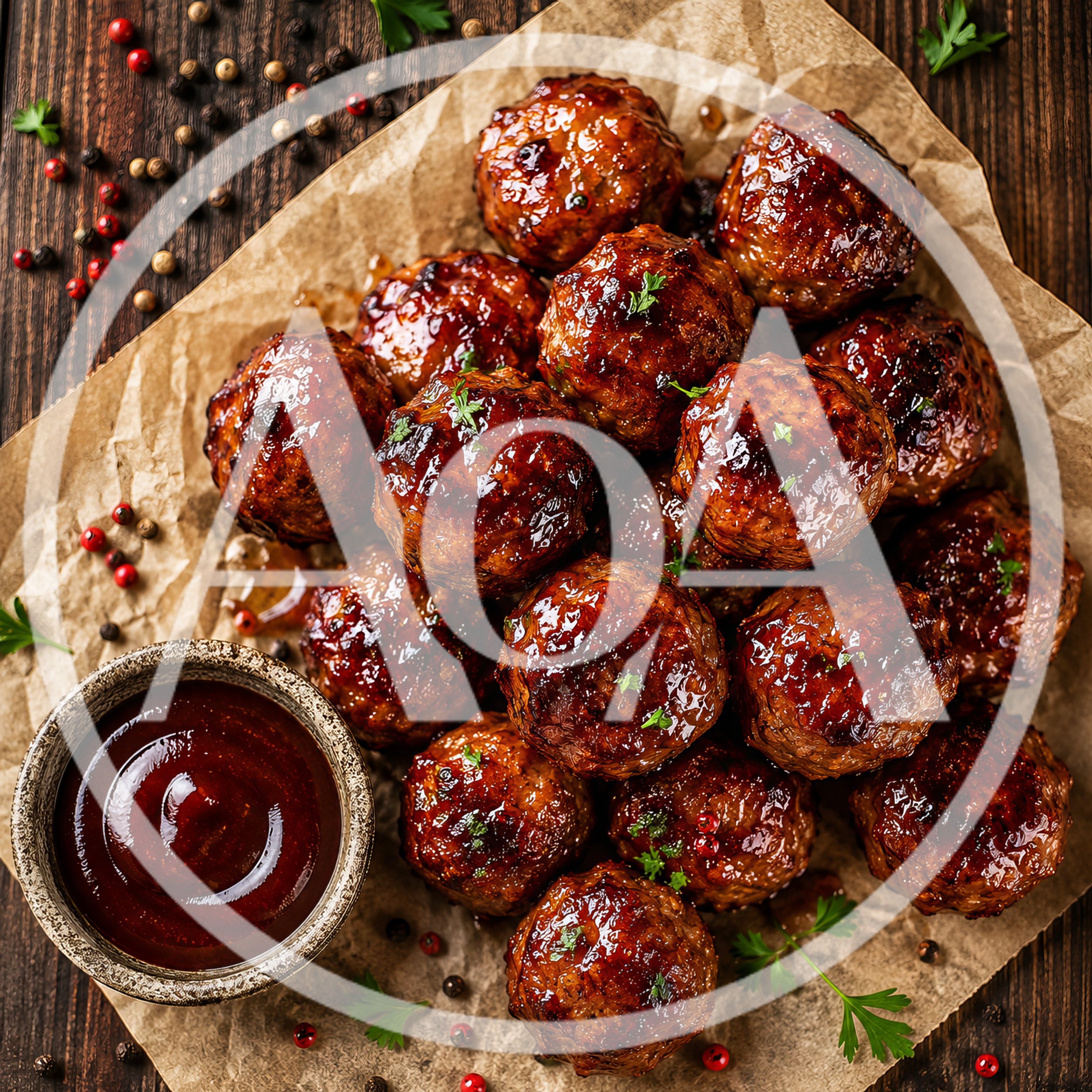 Glazed Meatballs with Barbecue Sauce on Parchment Paper