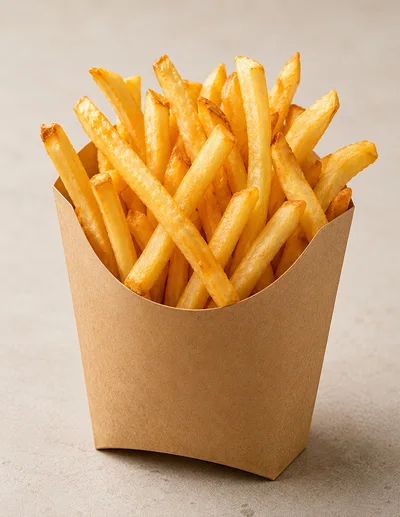 Crispy Golden French Fries In A Paper Container