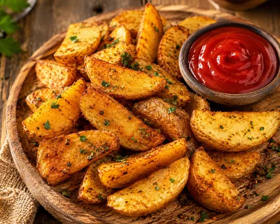 Crispy Potato Wedges With Ketchup On Wooden Plate