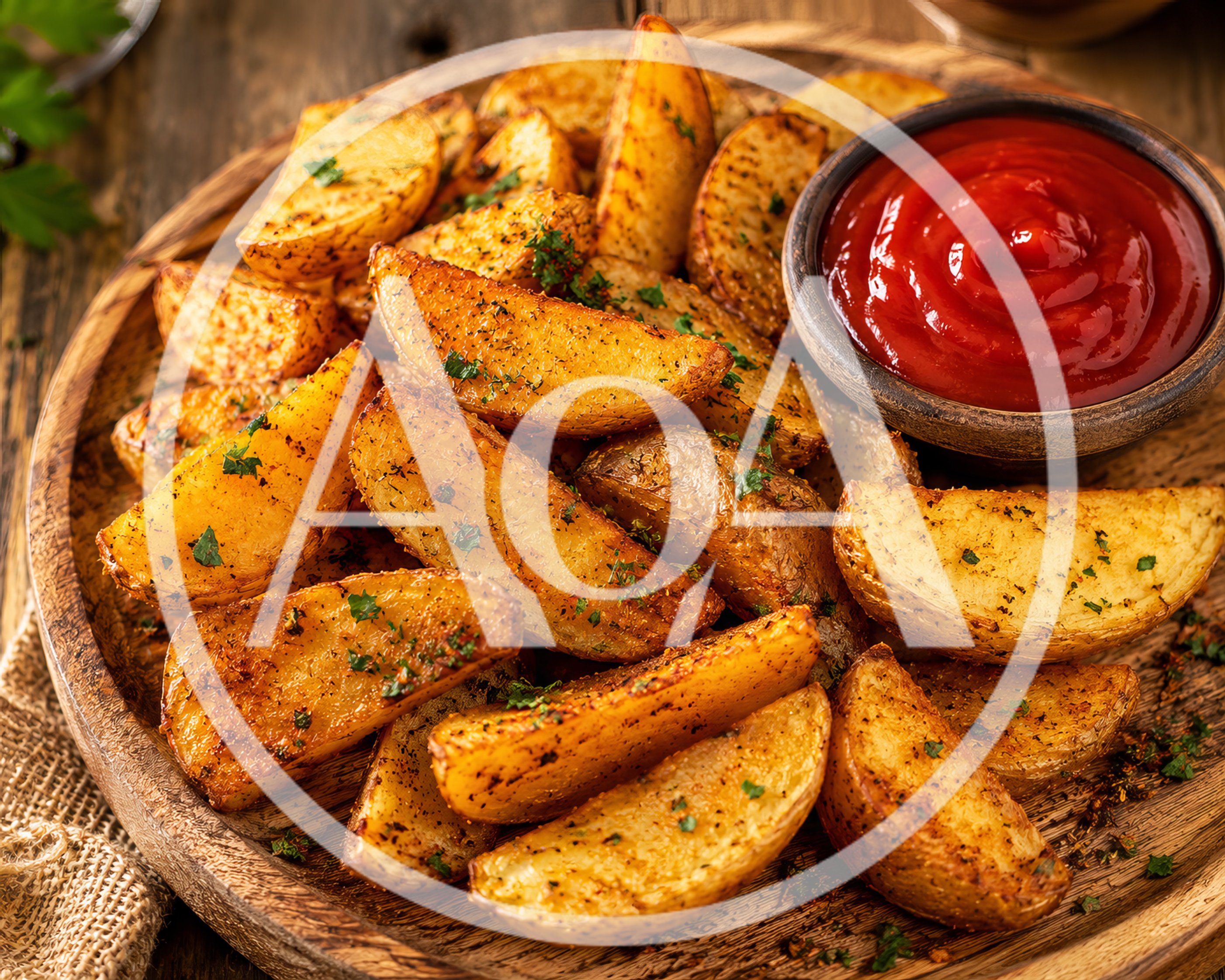 Crispy Potato Wedges With Ketchup On Wooden Plate