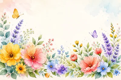 Watercolor Floral Border With Butterflies