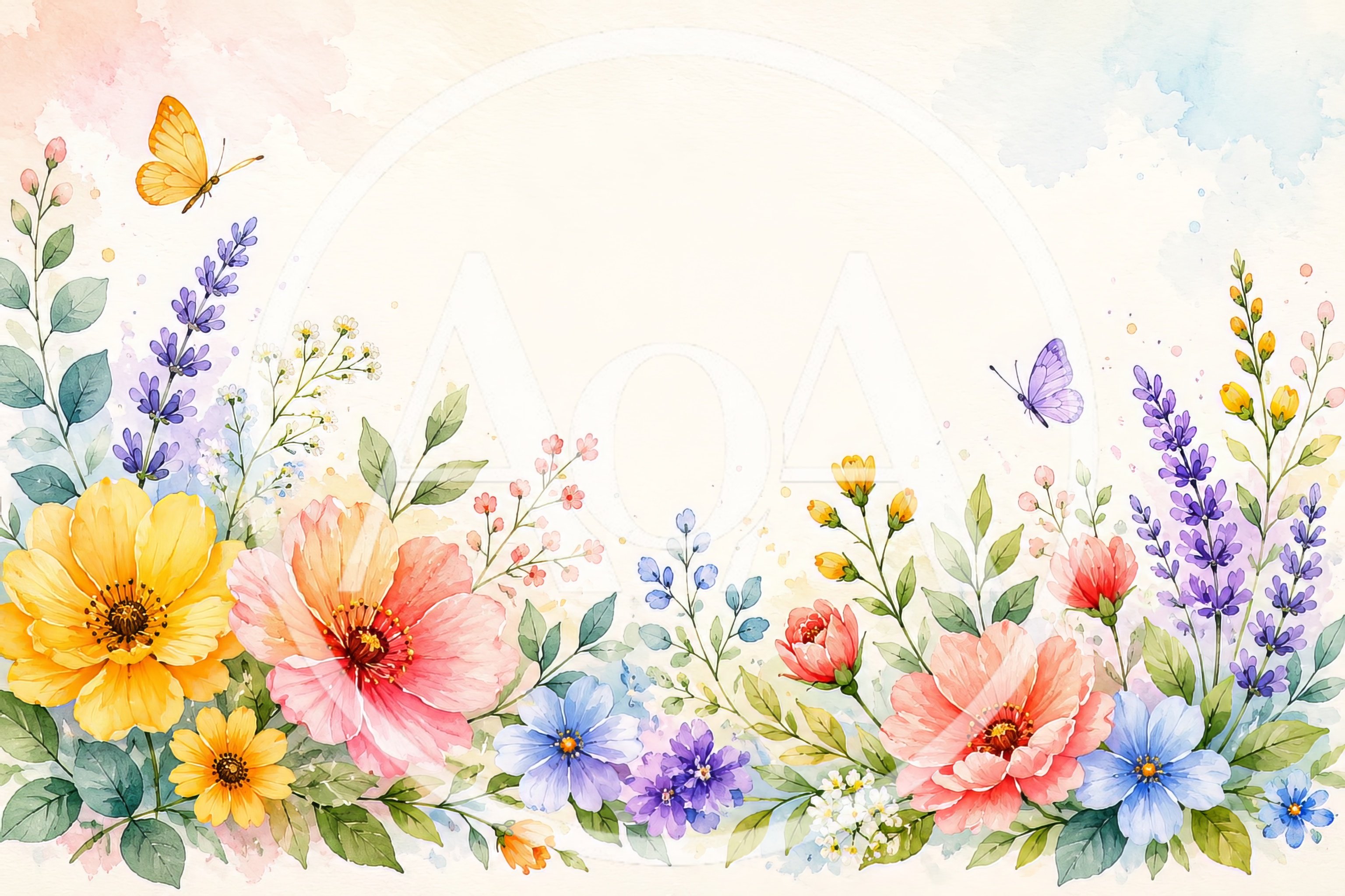 Watercolor Floral Border With Butterflies