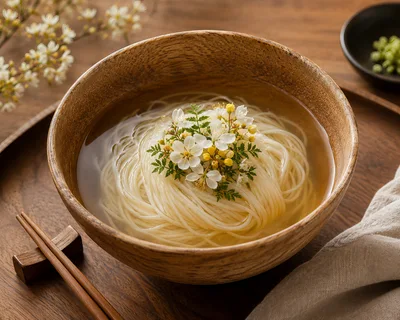 Bowl Of Somen Noodles With Edible Flowers