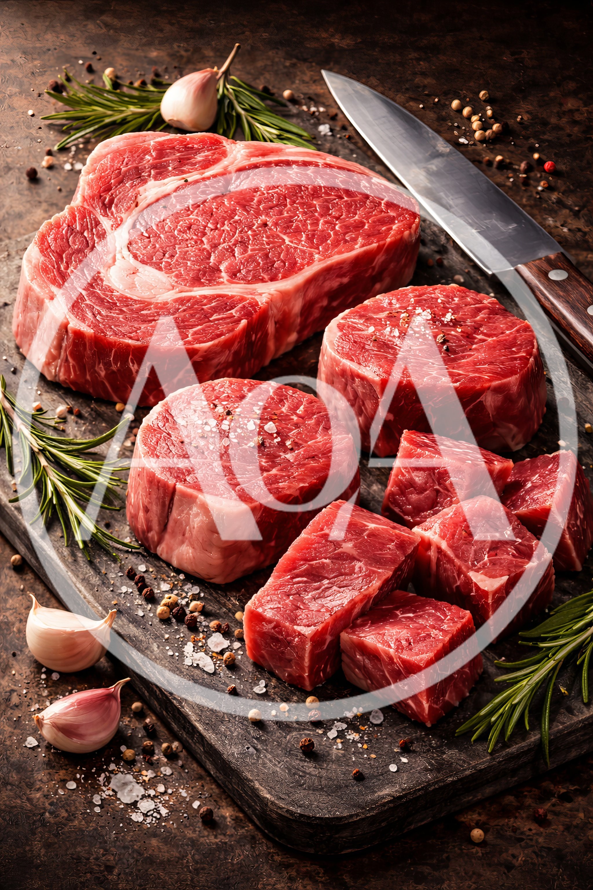 Raw Beef Steaks And Cubes On Wooden Board