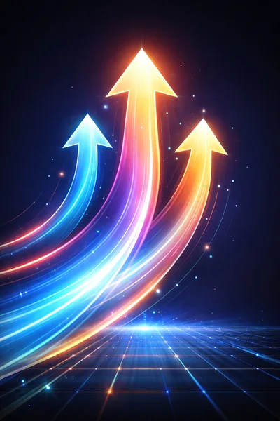 Abstract Glowing Arrows Rising on Digital Grid
