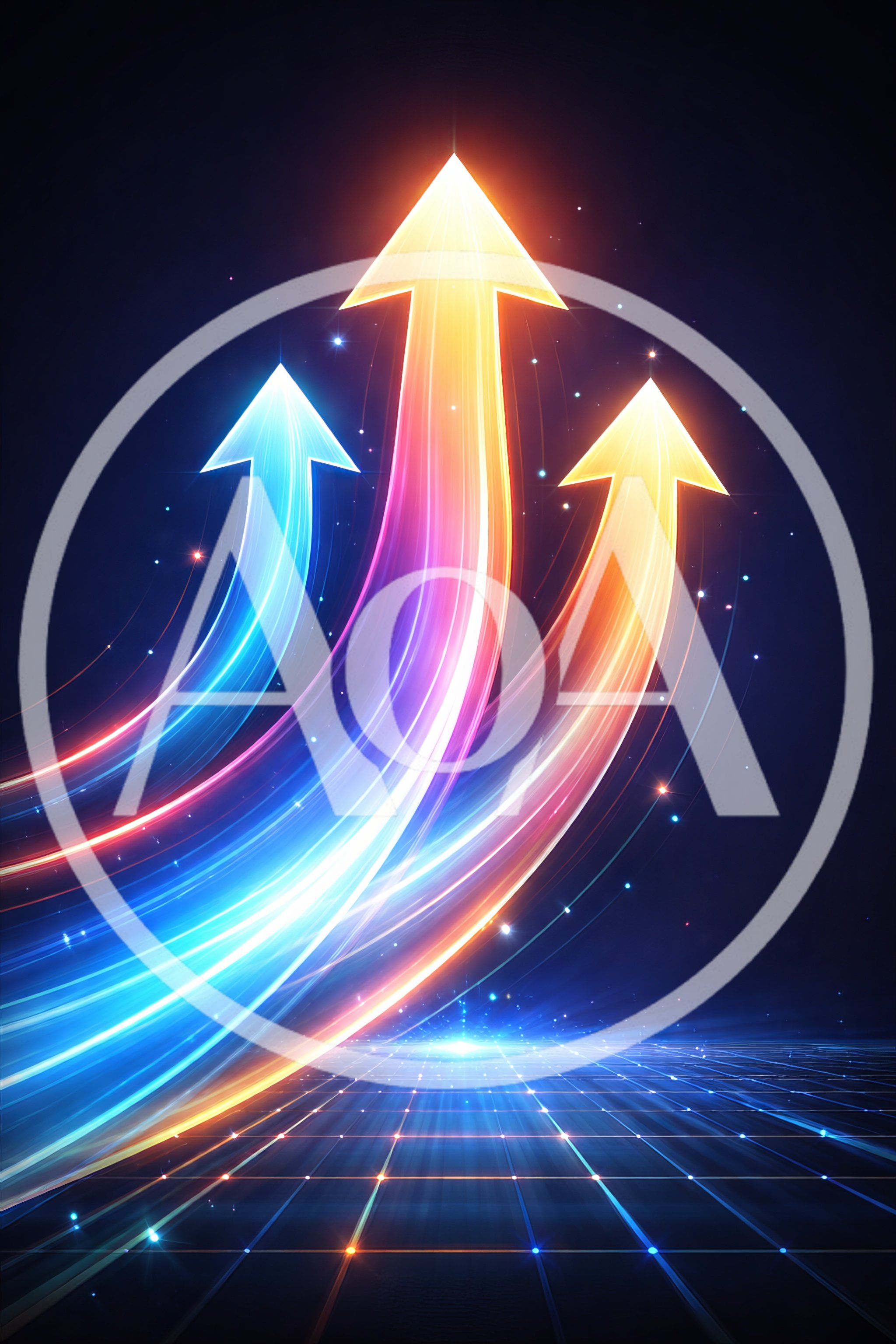 Abstract Glowing Arrows Rising on Digital Grid