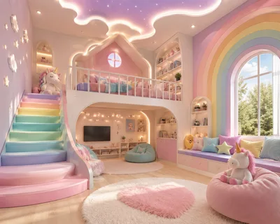 Whimsical Rainbow Themed Childrens Bedroom With Loft Bed