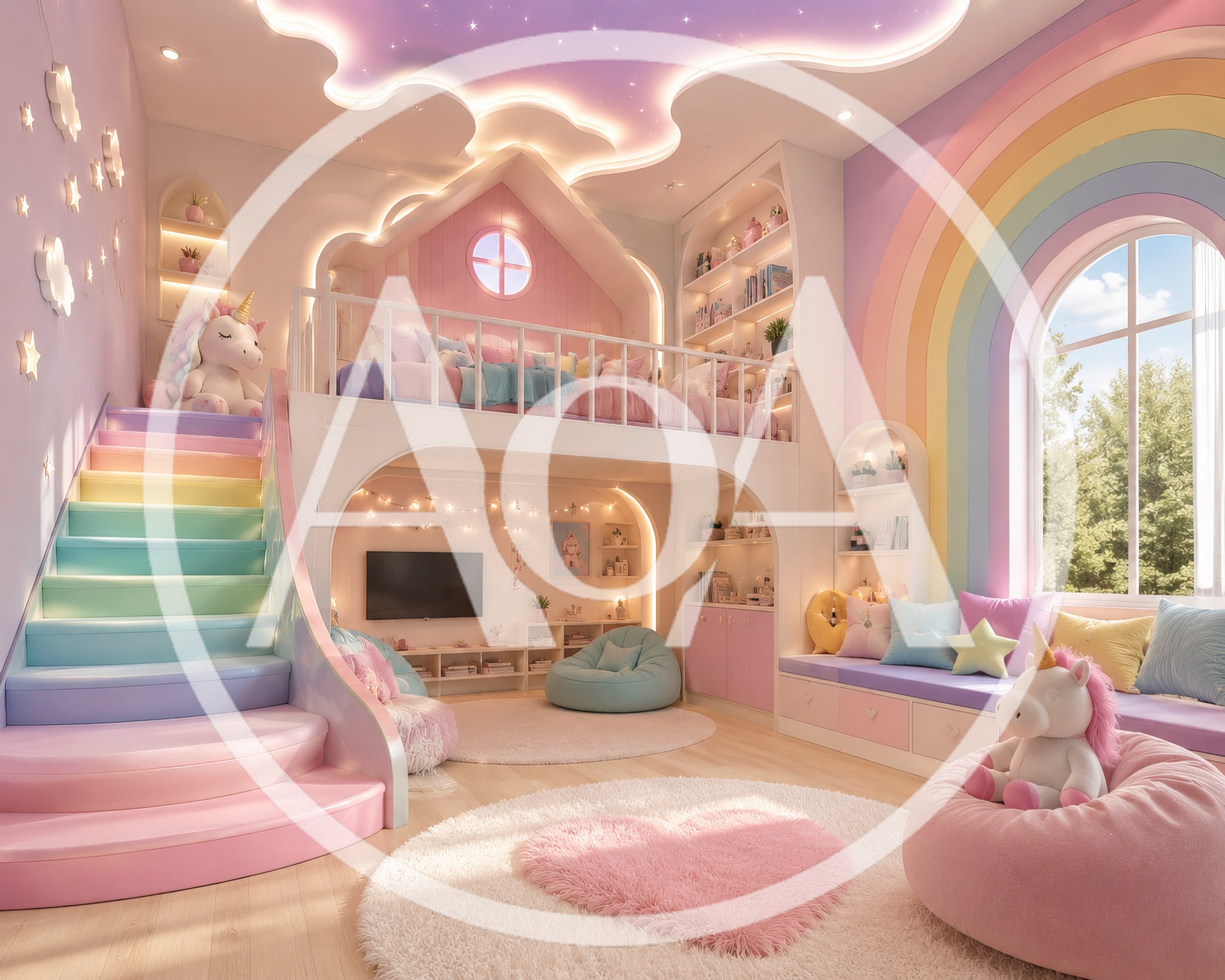Whimsical Rainbow Themed Childrens Bedroom With Loft Bed