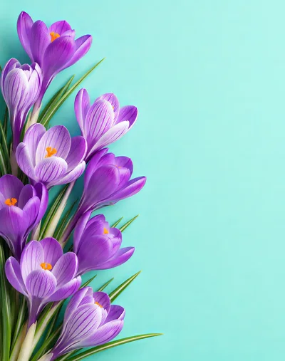 Purple Crocus Flowers On A Light Blue Background