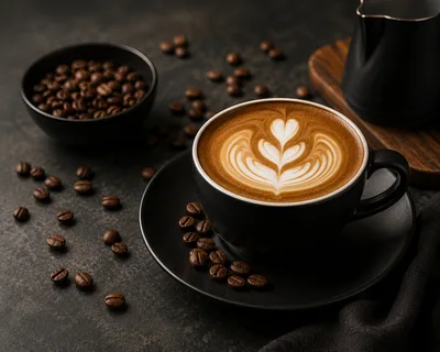 Black Cup Of Latte With Heart Latte Art