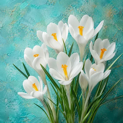 White Crocus Flowers Against Textured Teal Background
