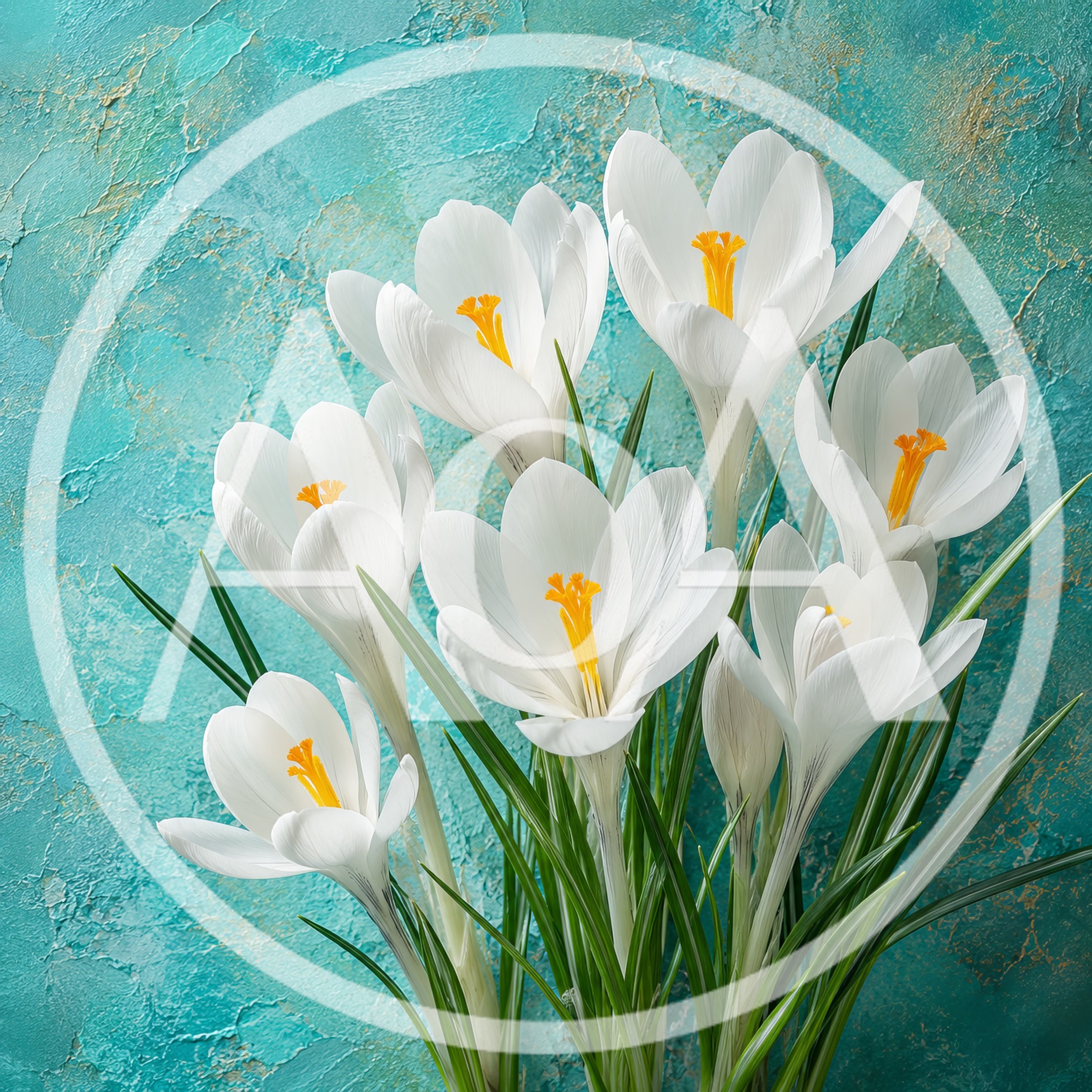 White Crocus Flowers Against Textured Teal Background