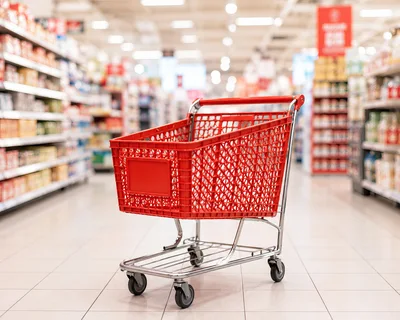 Empty Red Shopping Cart In A Grocery Store Aisle