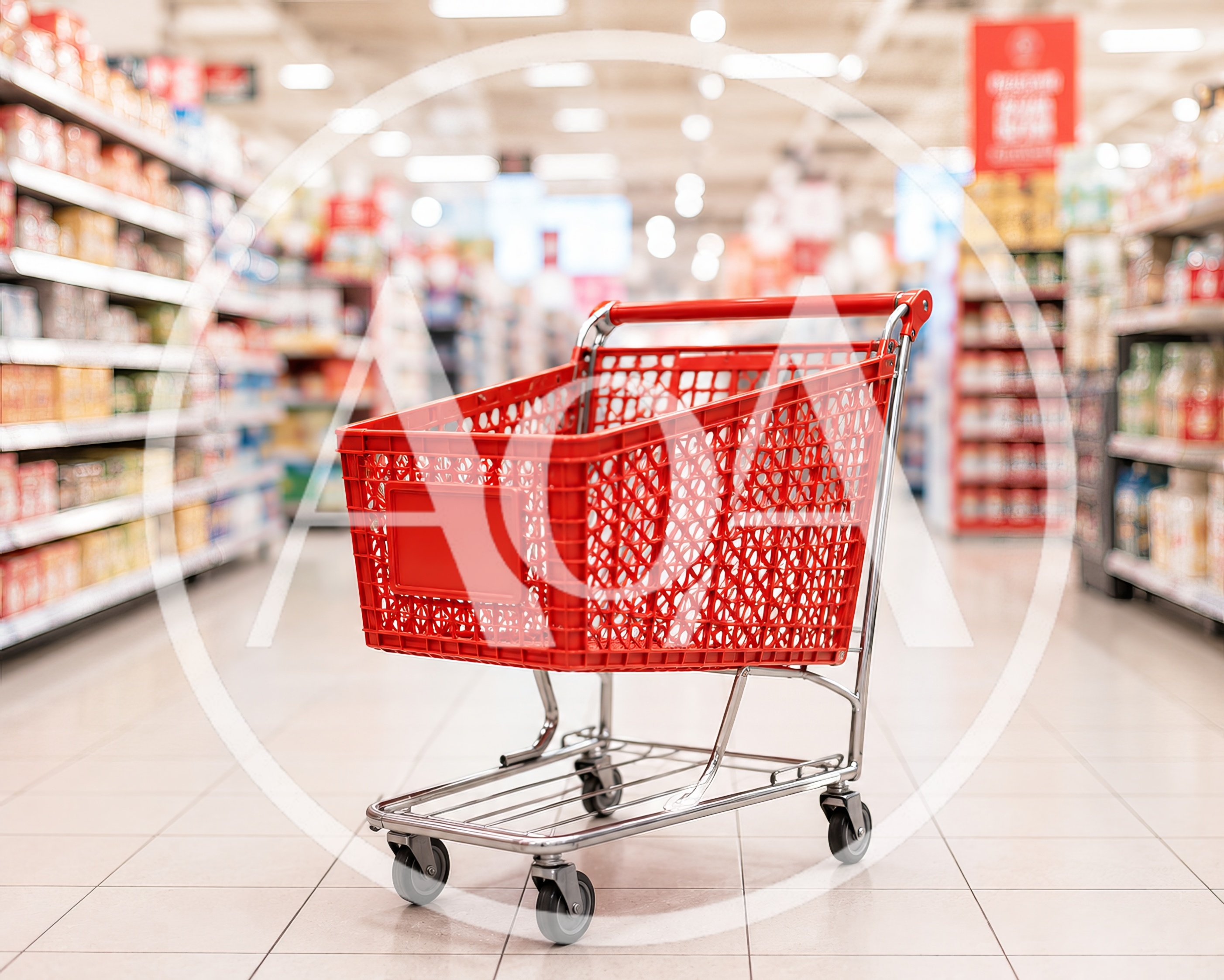 Empty Red Shopping Cart In A Grocery Store Aisle
