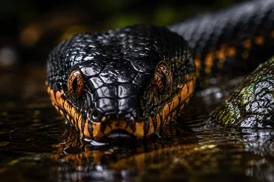 Close Up Portrait Of A Black And Orange Snake