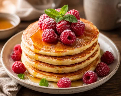 Stack Of Fluffy Pancakes With Fresh Raspberries And Syrup
